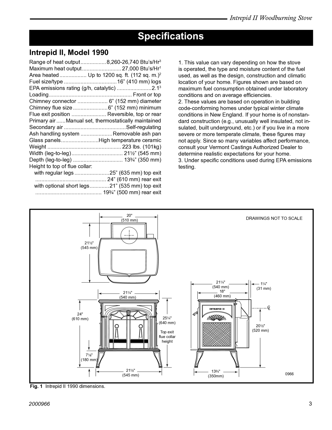 Vermont Casting 1990 installation instructions Speciﬁcations, Intrepid II, Model 