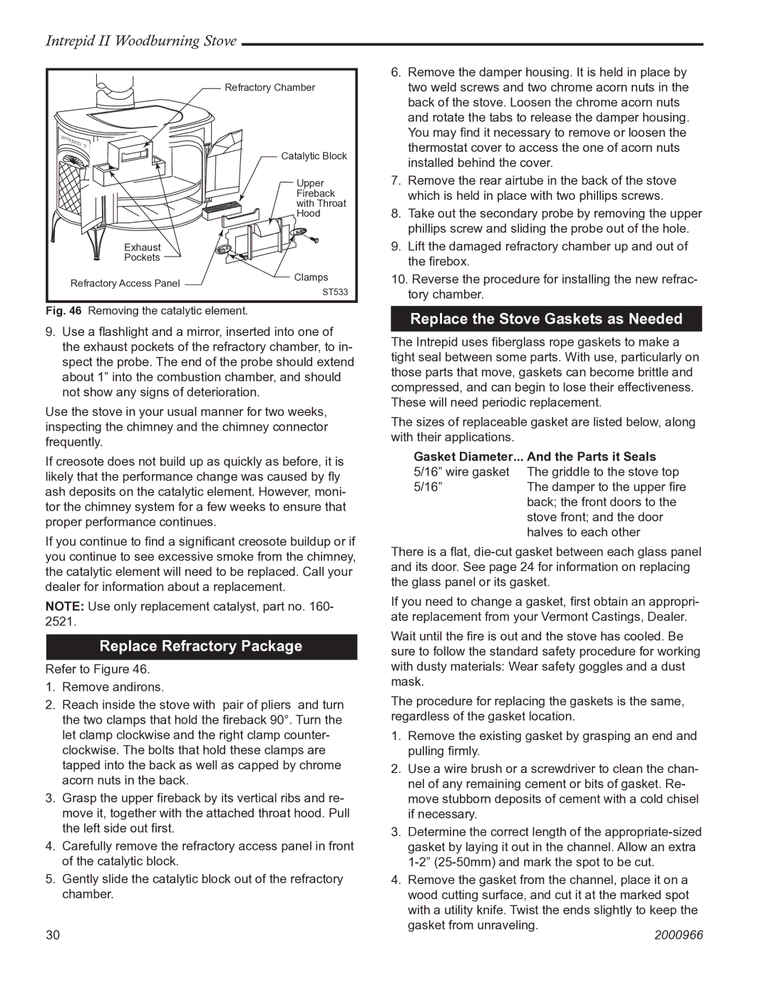 Vermont Casting 1990 installation instructions Replace Refractory Package, Replace the Stove Gaskets as Needed 