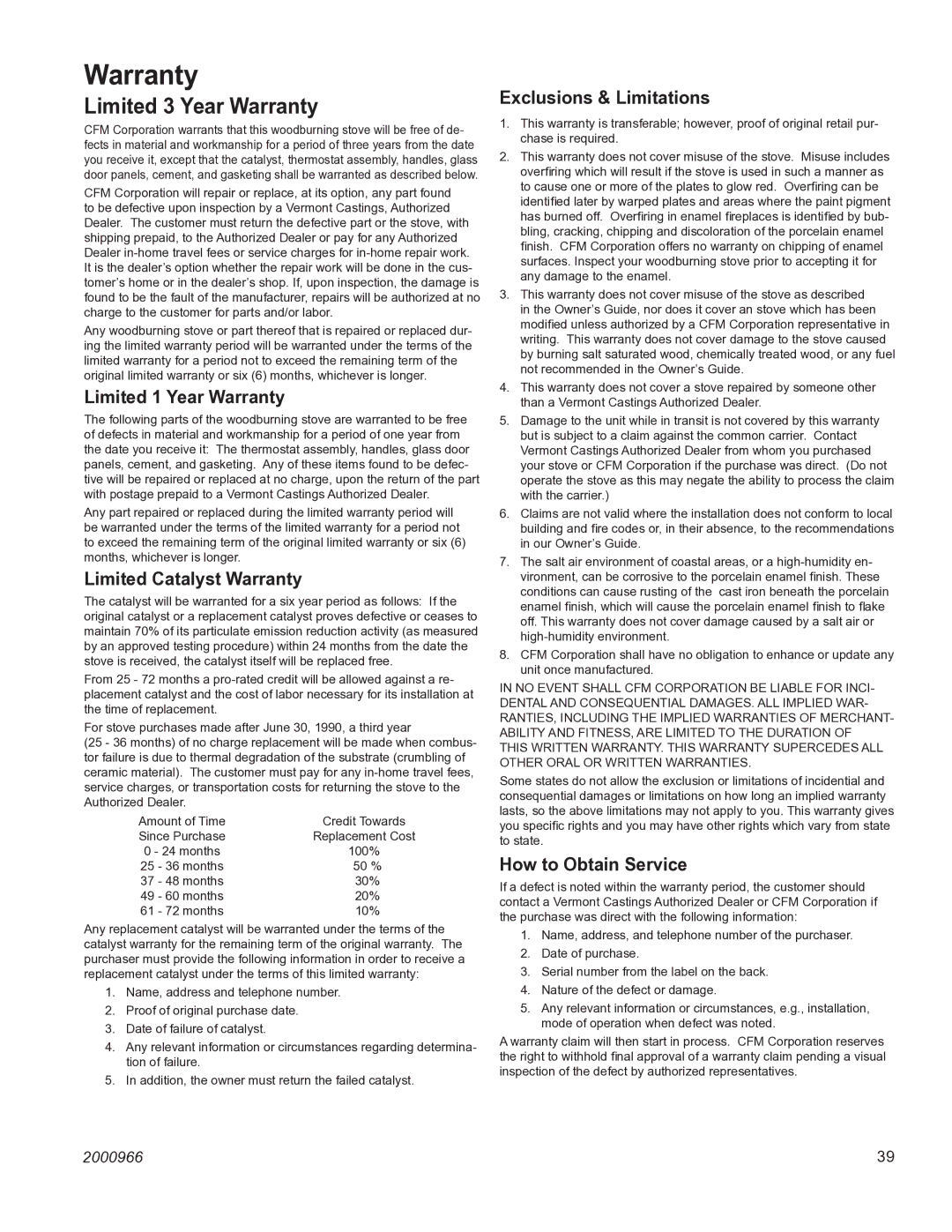 Vermont Casting 1990 installation instructions Warranty 