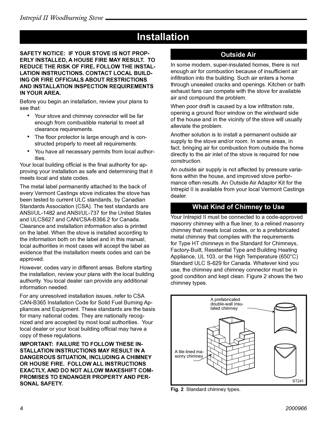 Vermont Casting 1990 installation instructions Installation, Outside Air, What Kind of Chimney to Use 