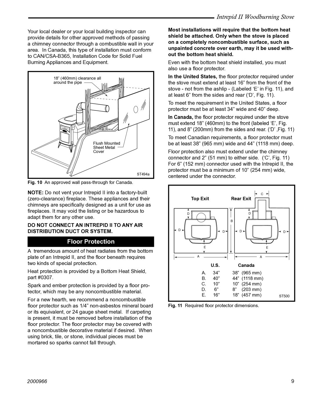 Vermont Casting 1990 installation instructions Floor Protection, An approved wall pass-through for Canada 