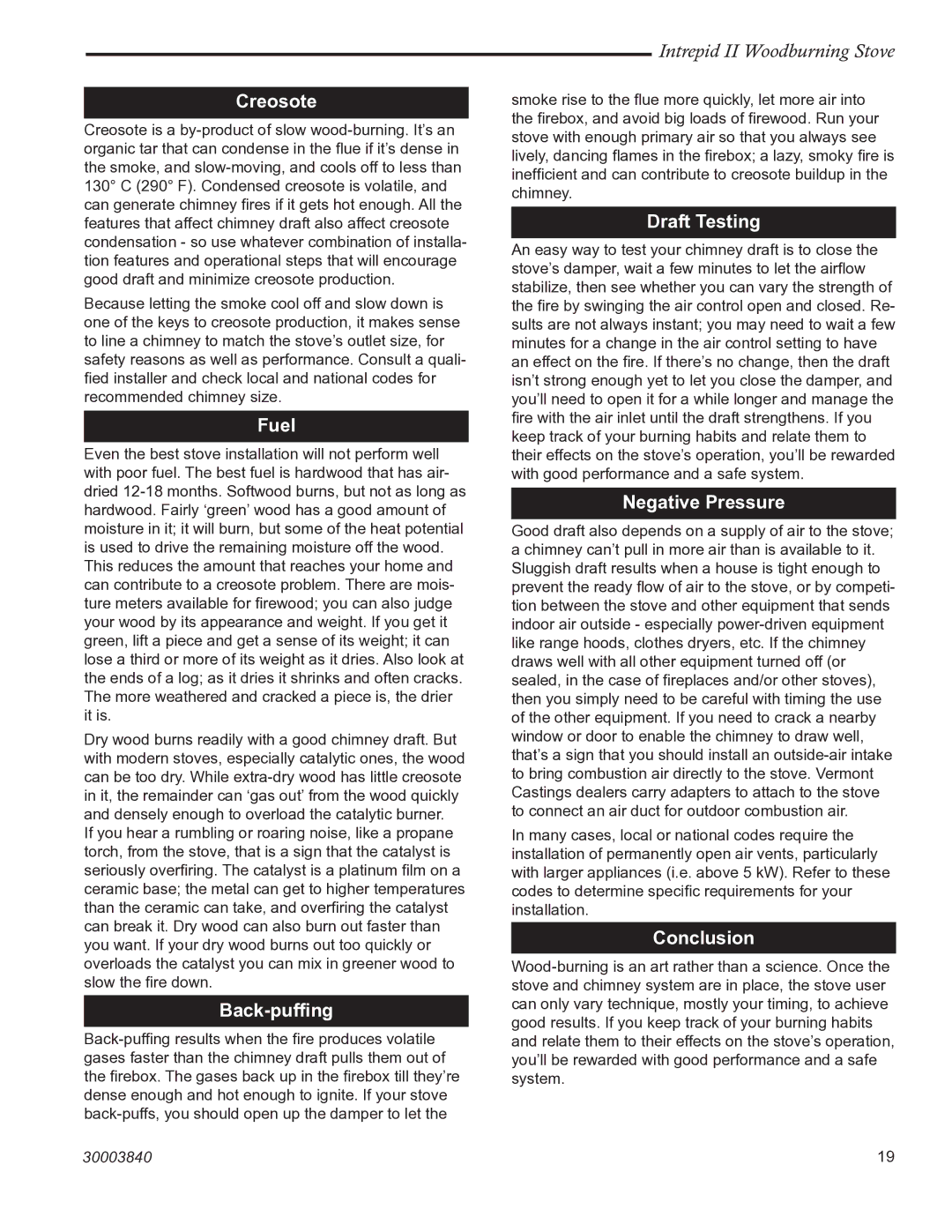 Vermont Casting 1990CE installation instructions Creosote, Fuel, Back-pufﬁng, Draft Testing, Negative Pressure, Conclusion 