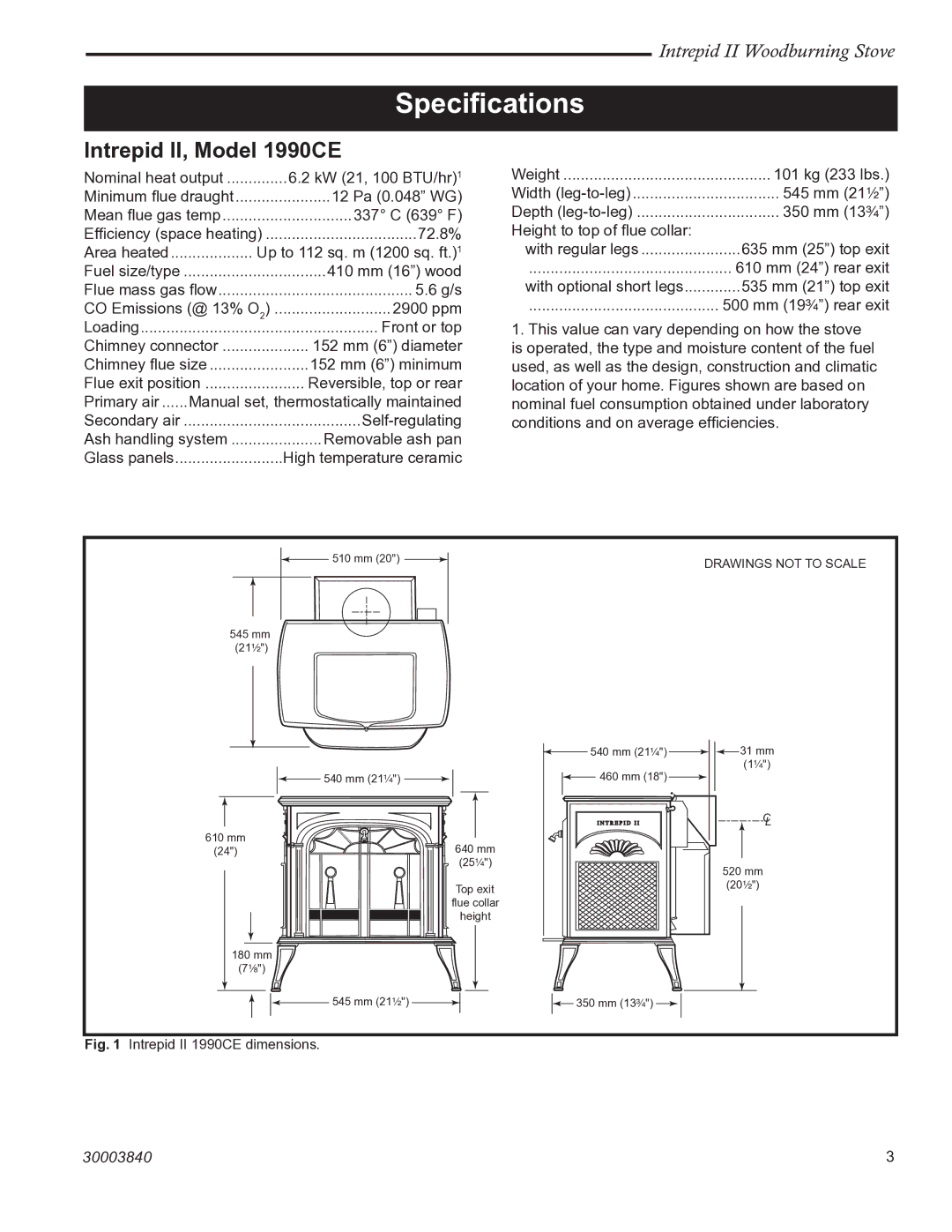 Vermont Casting installation instructions Speciﬁcations, Intrepid II, Model 1990CE 