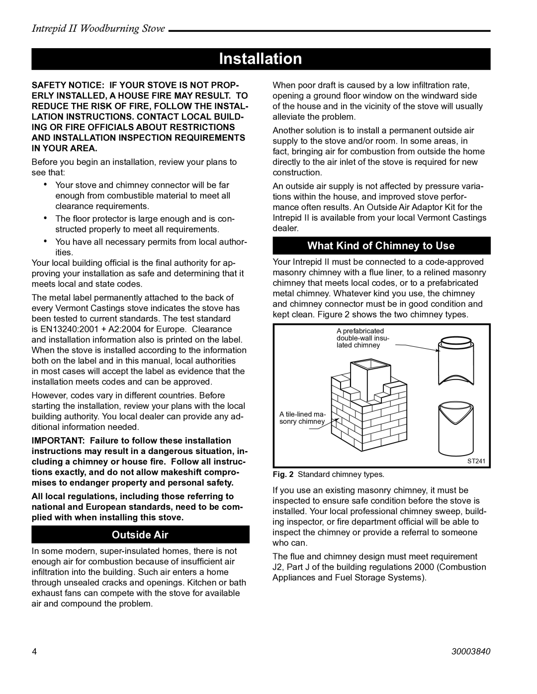 Vermont Casting 1990CE installation instructions Installation, Outside Air, What Kind of Chimney to Use 