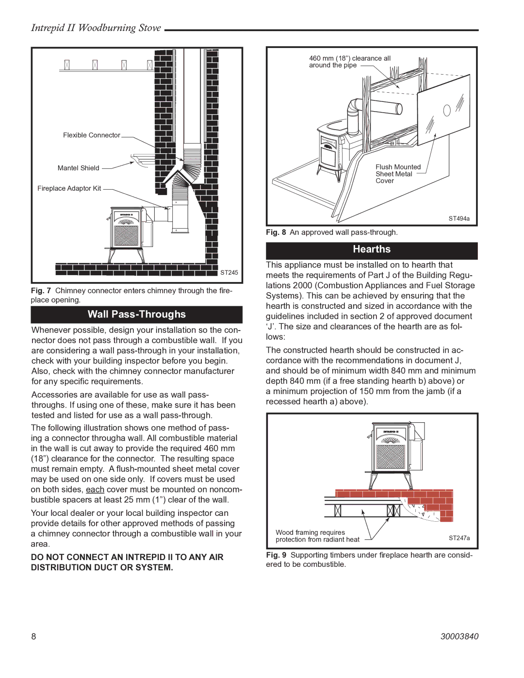 Vermont Casting 1990CE installation instructions Wall Pass-Throughs, Hearths 