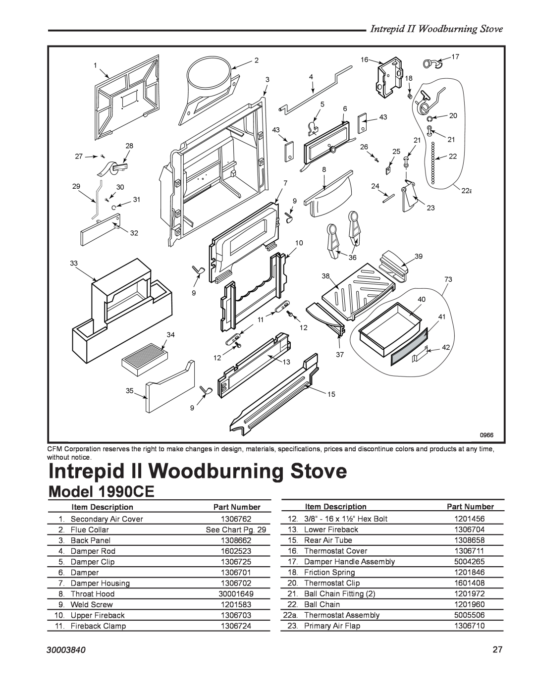 Vermont Casting Intrepid II Woodburning Stove, Model 1990CE, 30003840, Item Description, Part Number 