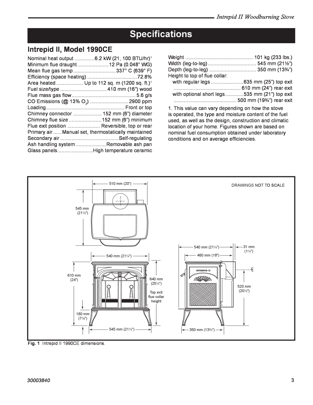 Vermont Casting Speciﬁcations, Intrepid II, Model 1990CE, Intrepid II Woodburning Stove, 30003840 