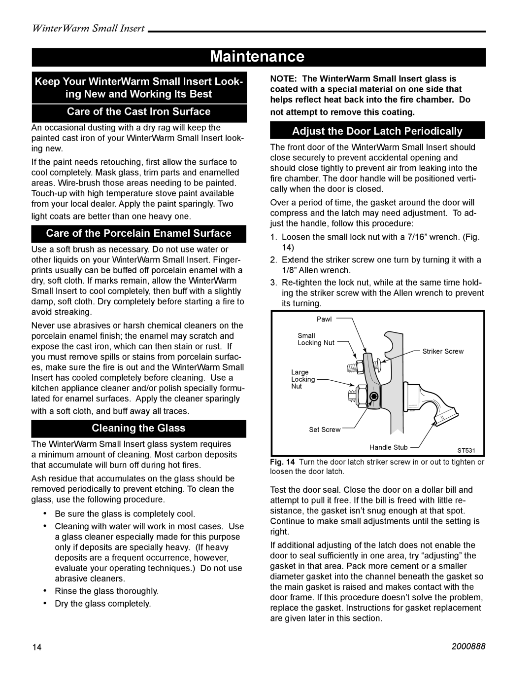 Vermont Casting 2080 installation instructions Maintenance, Care of the Porcelain Enamel Surface, Cleaning the Glass 