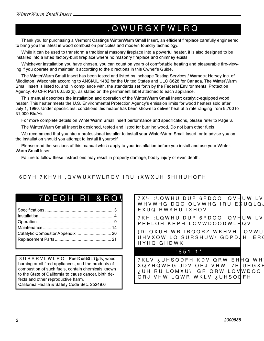 Vermont Casting 2080 installation instructions Introduction, Table of Contents 