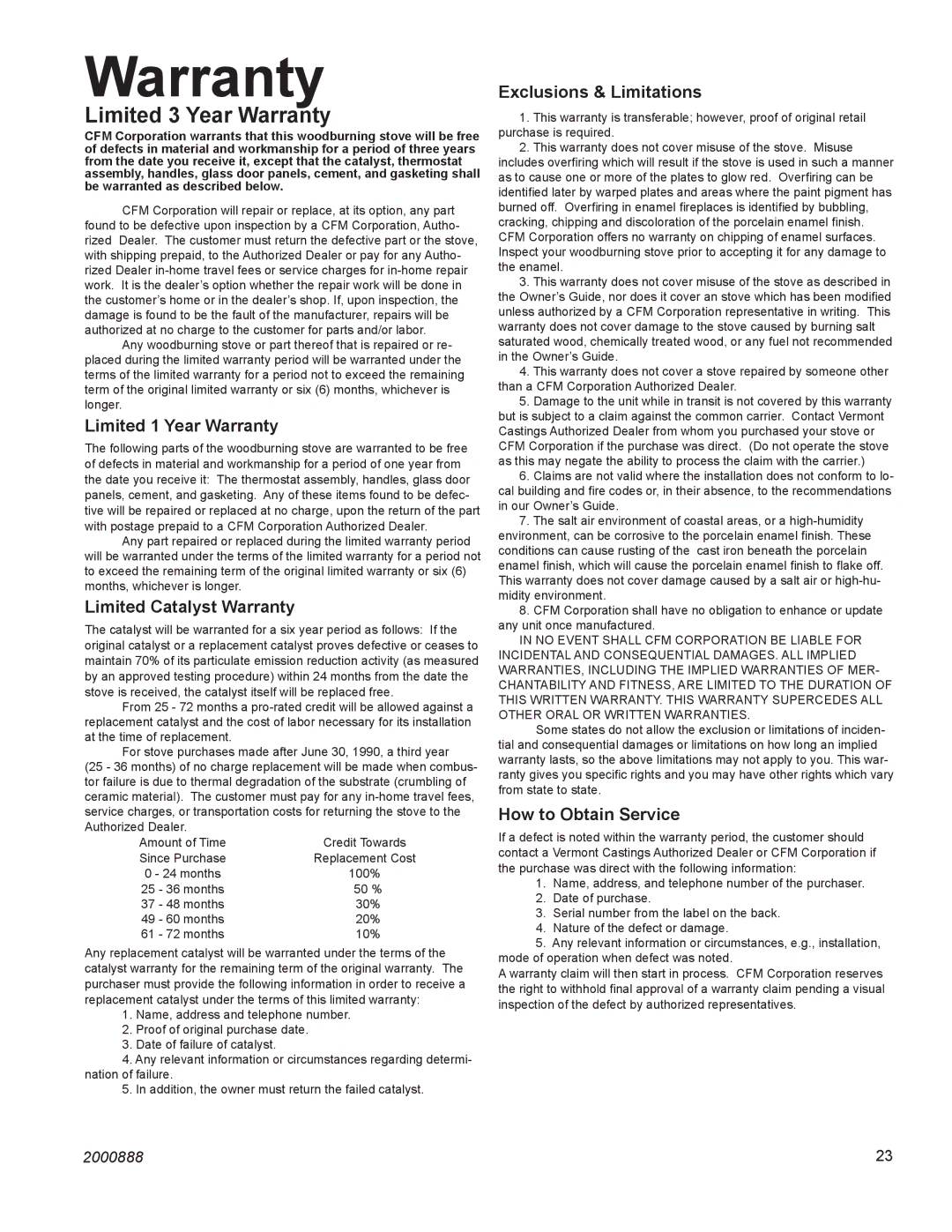 Vermont Casting 2080 installation instructions Warranty 