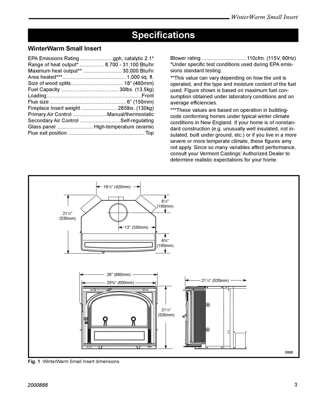 Vermont Casting 2080 installation instructions Speciﬁcations, WinterWarm Small Insert 