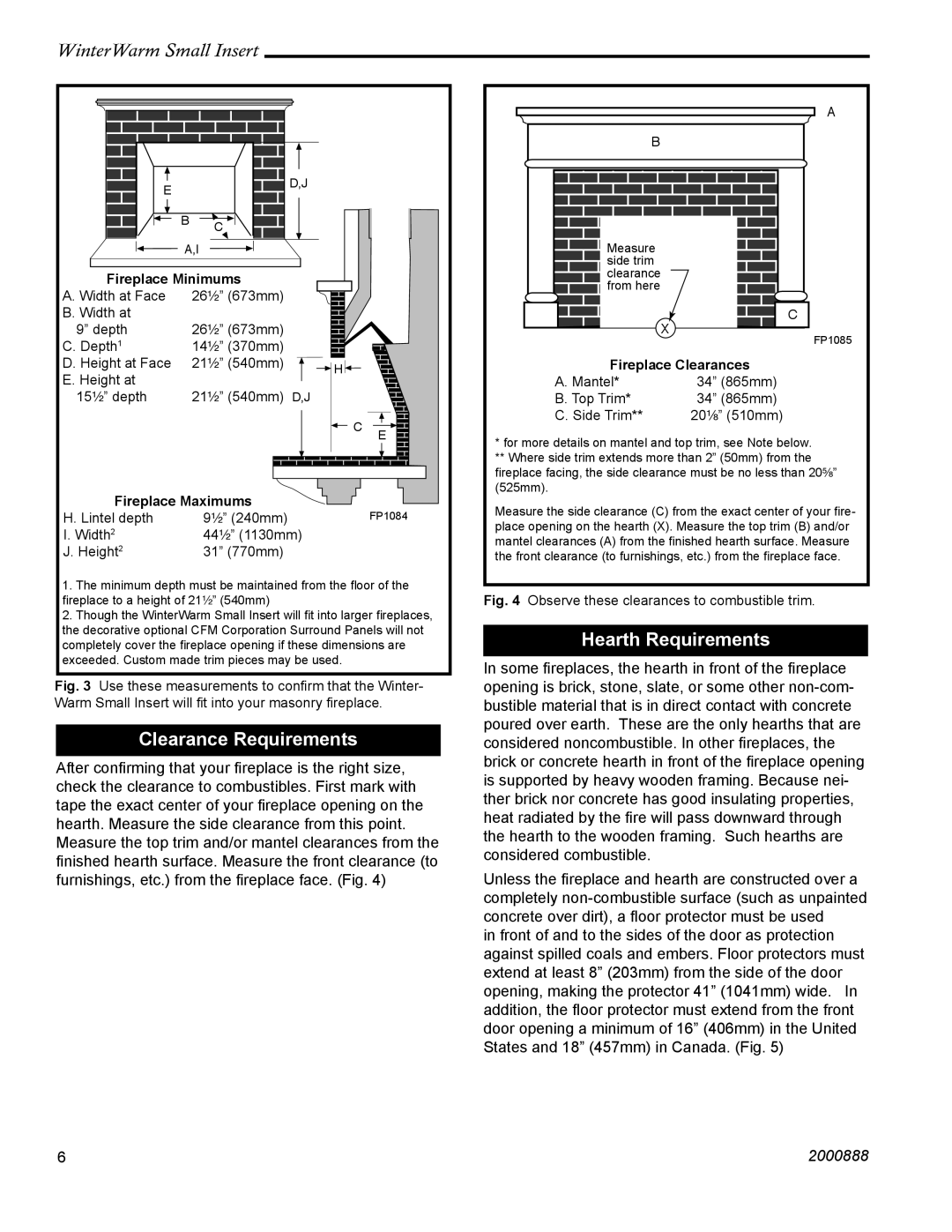 Vermont Casting 2080 installation instructions Clearance Requirements, Hearth Requirements 