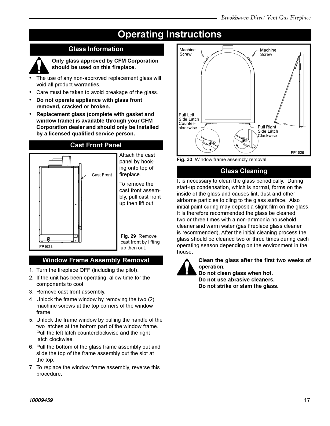 Vermont Casting 20DVT installation instructions Operating Instructions, Glass Information, Cast Front Panel, Glass Cleaning 