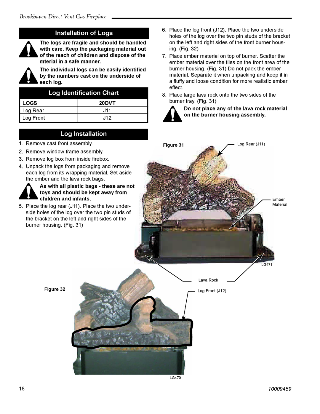 Vermont Casting installation instructions Installation of Logs, Log Identiﬁcation Chart, Log Installation, Logs 20DVT 