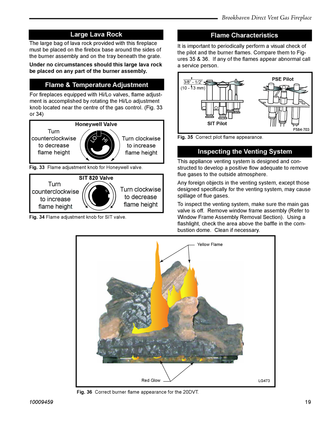 Vermont Casting 20DVT installation instructions Large Lava Rock, Flame & Temperature Adjustment, Flame Characteristics 