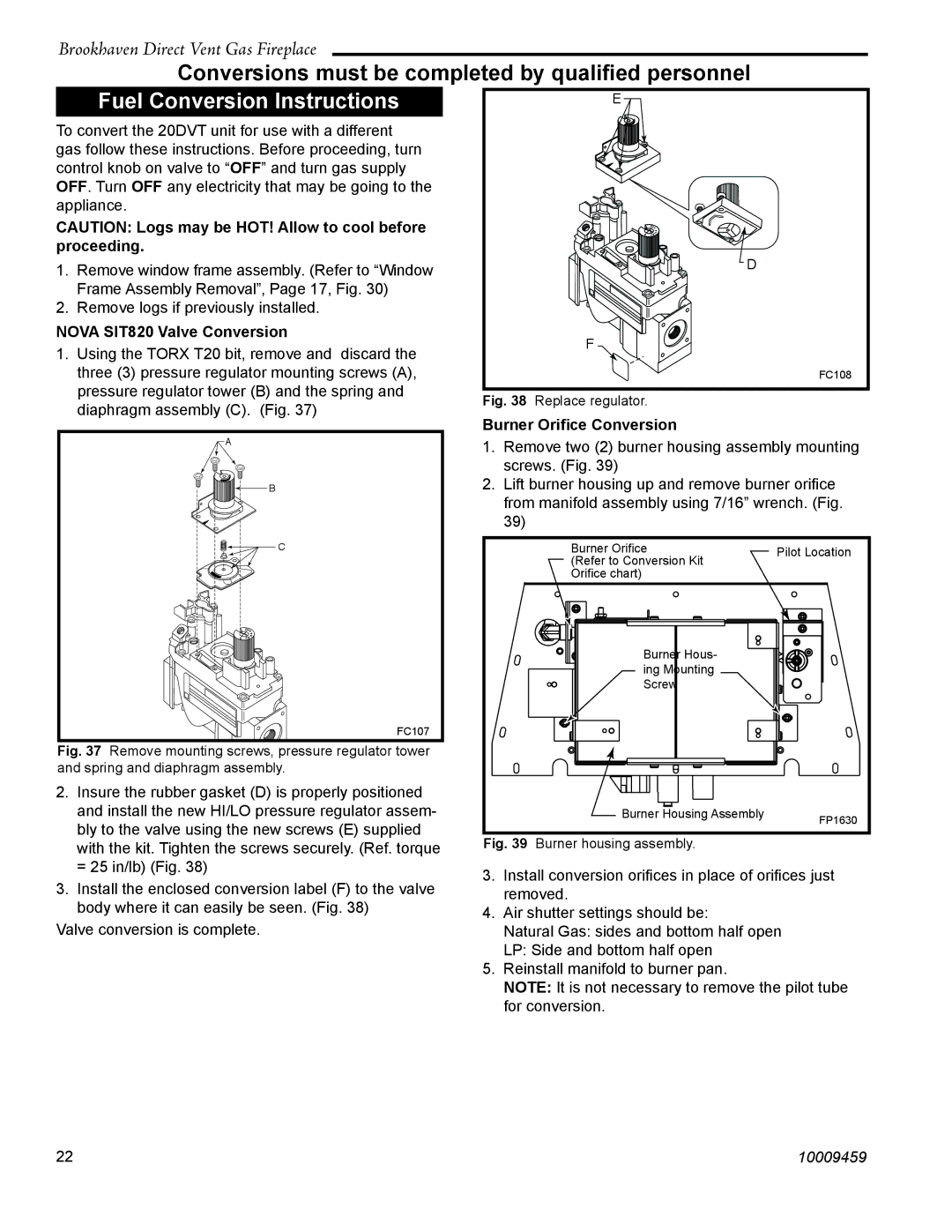 Vermont Casting 20DVT installation instructions Proceeding, Nova SIT820 Valve Conversion, Burner Oriﬁce Conversion 