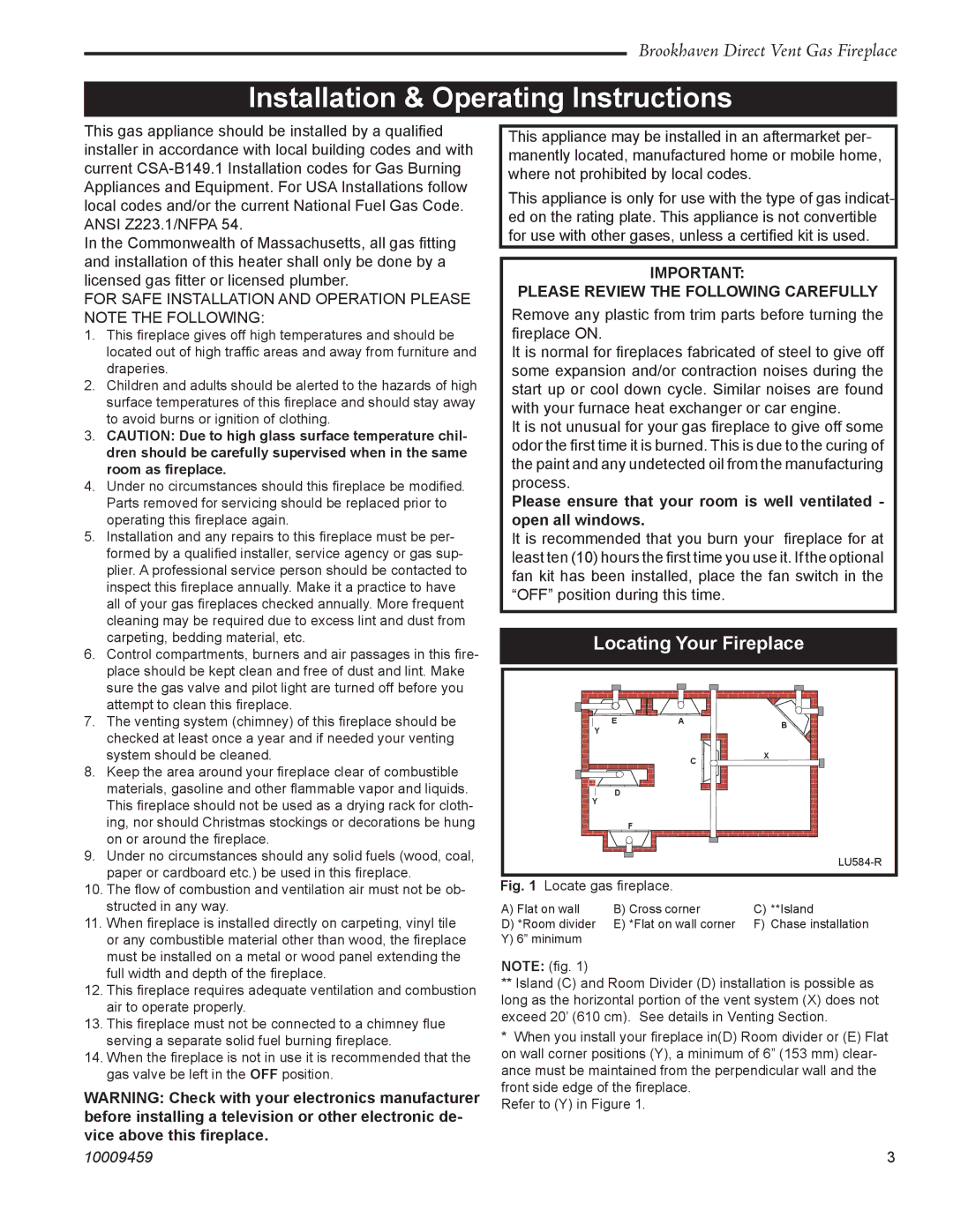 Vermont Casting 20DVT installation instructions Installation & Operating Instructions, Locating Your Fireplace 