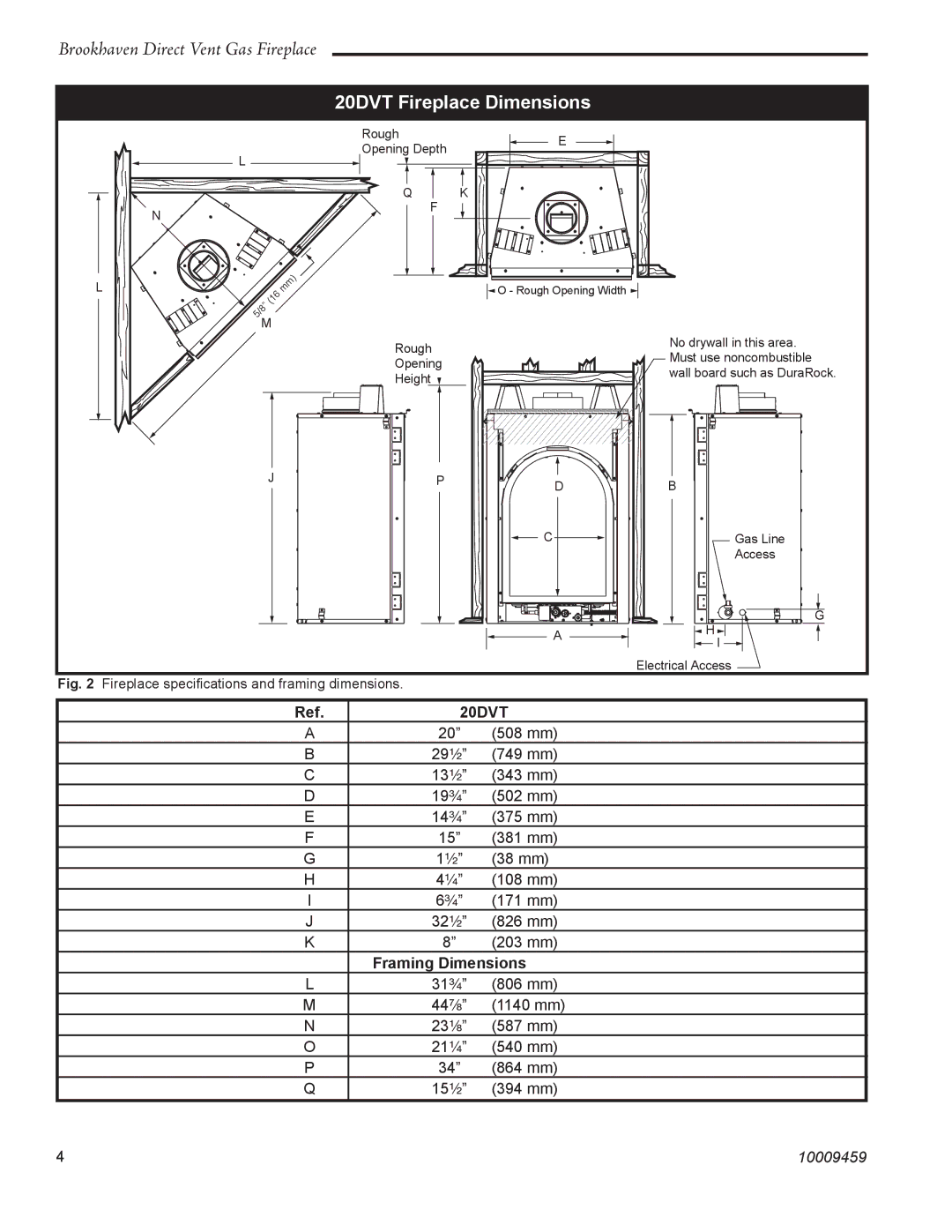 Vermont Casting installation instructions 20DVT Fireplace Dimensions, Framing Dimensions 