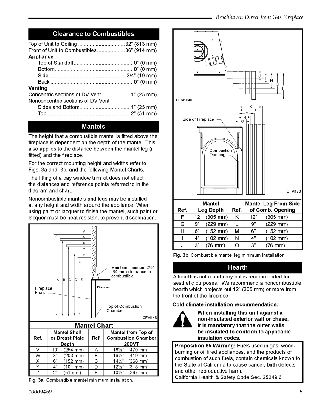 Vermont Casting 20DVT installation instructions Clearance to Combustibles, Mantels, Hearth 