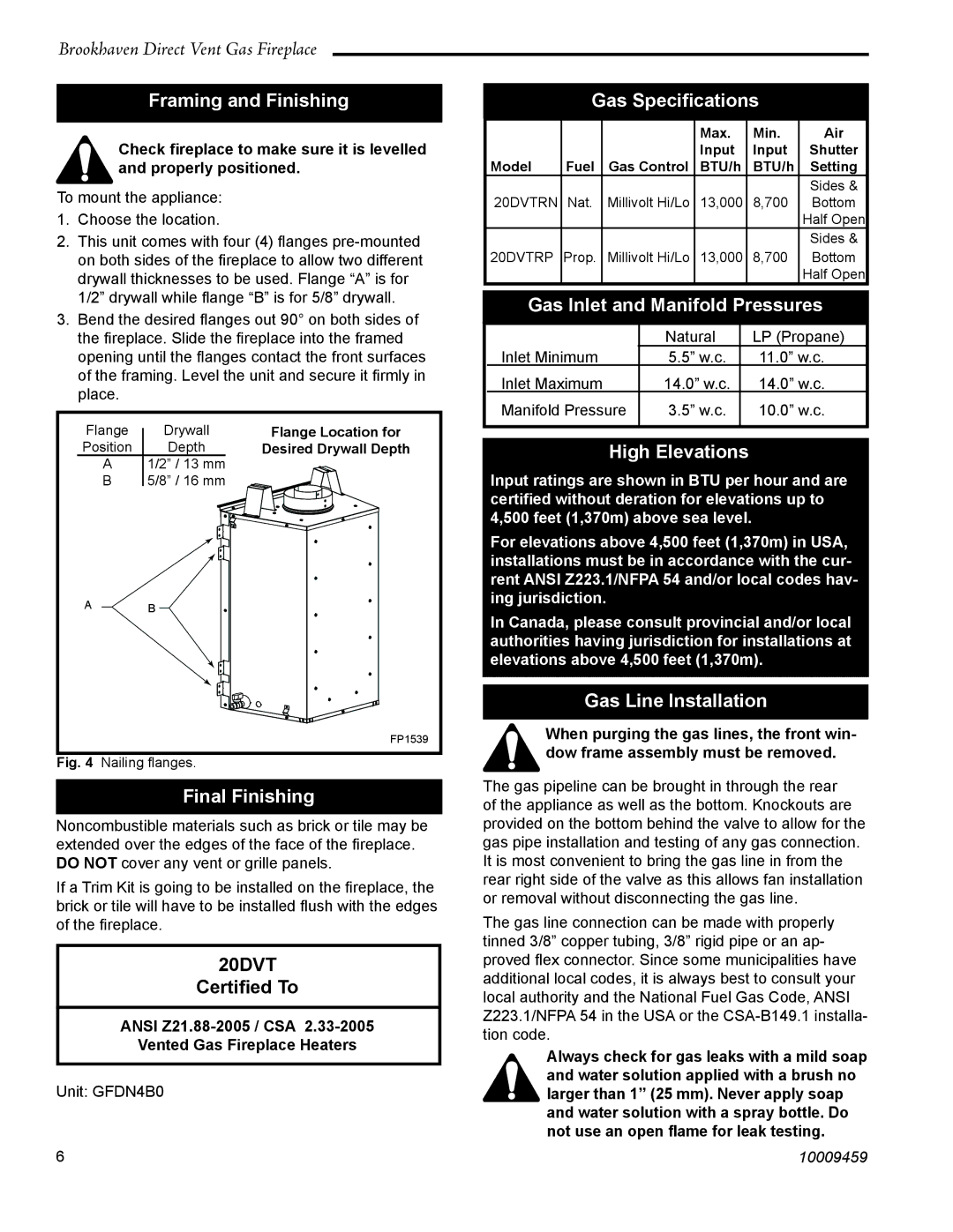 Vermont Casting 20DVT Framing and Finishing, Final Finishing, Gas Speciﬁcations, Gas Inlet and Manifold Pressures 