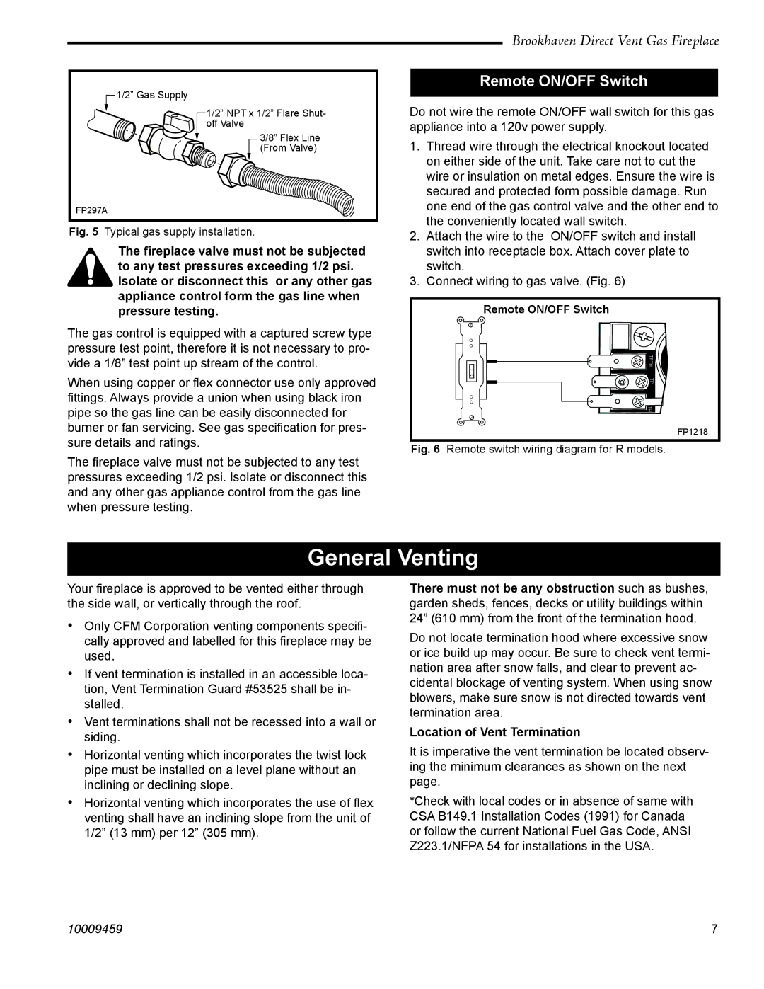 Vermont Casting 20DVT installation instructions General Venting, Remote ON/OFF Switch, Location of Vent Termination 