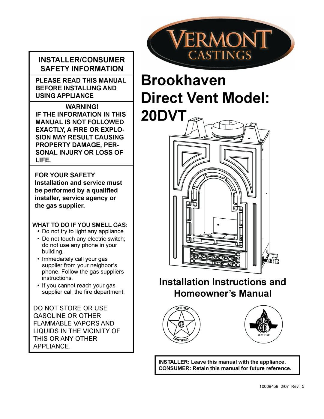 Vermont Casting installation instructions Brookhaven Direct Vent Model 20DVT, Installer/Consumer Safety Information 