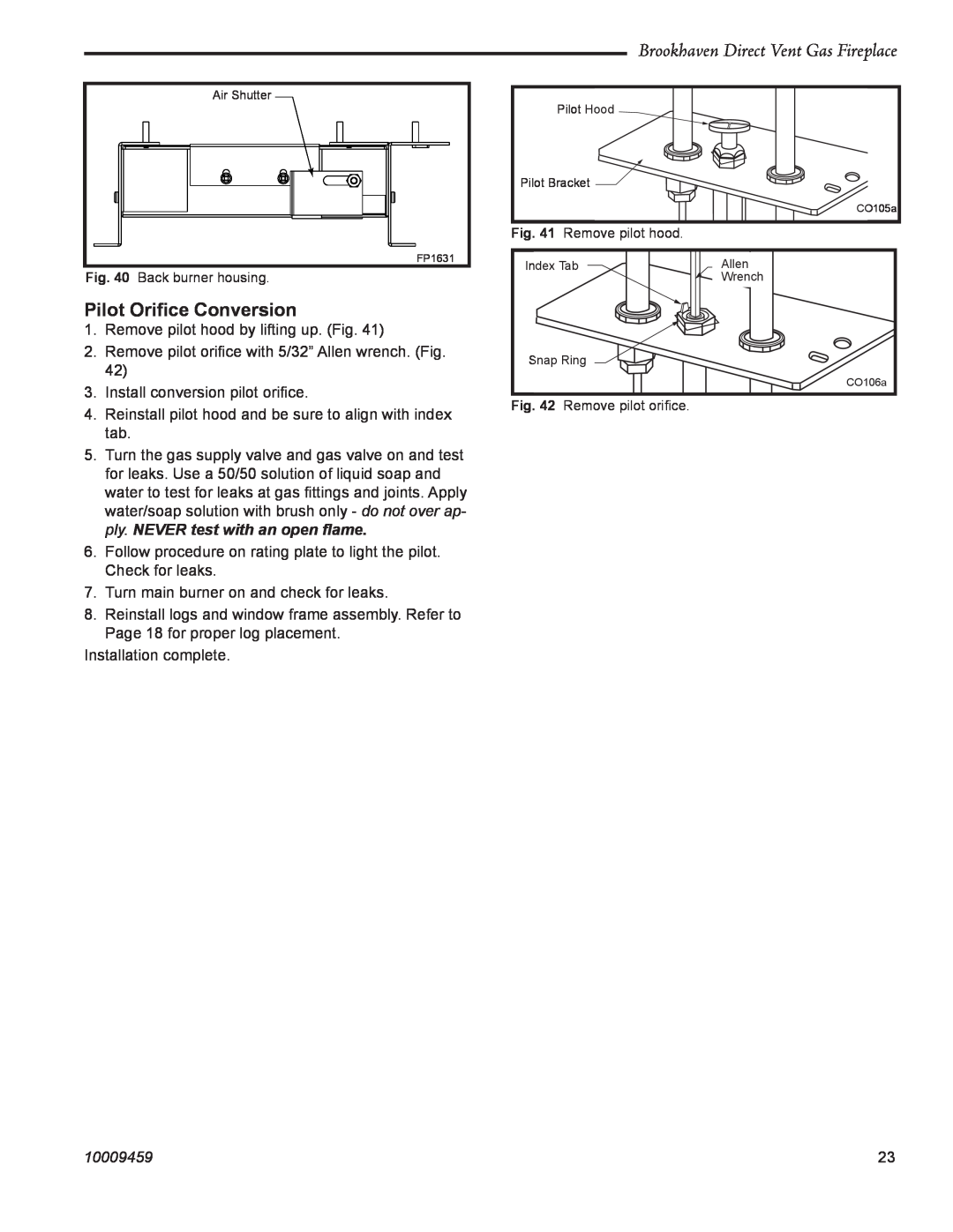 Vermont Casting 20DVT installation instructions Pilot Oriﬁce Conversion, Brookhaven Direct Vent Gas Fireplace, 10009459 