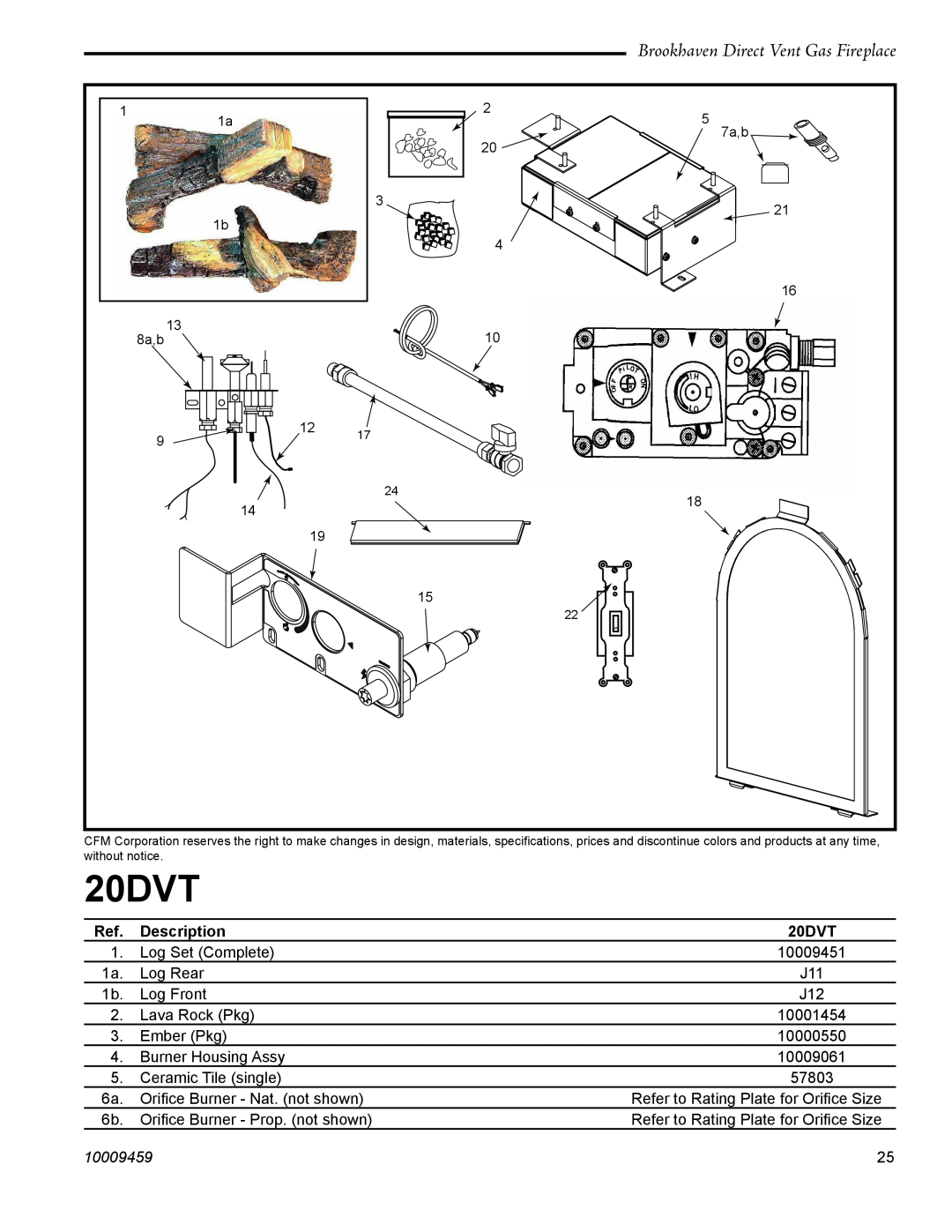 Vermont Casting 20DVT installation instructions Brookhaven Direct Vent Gas Fireplace, Description, 10009459 