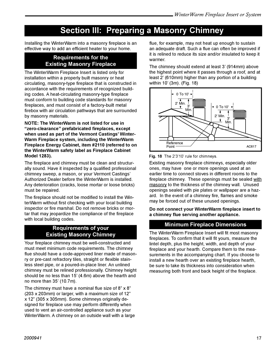 Vermont Casting 2100 Section III Preparing a Masonry Chimney, Requirements for Existing Masonry Fireplace 