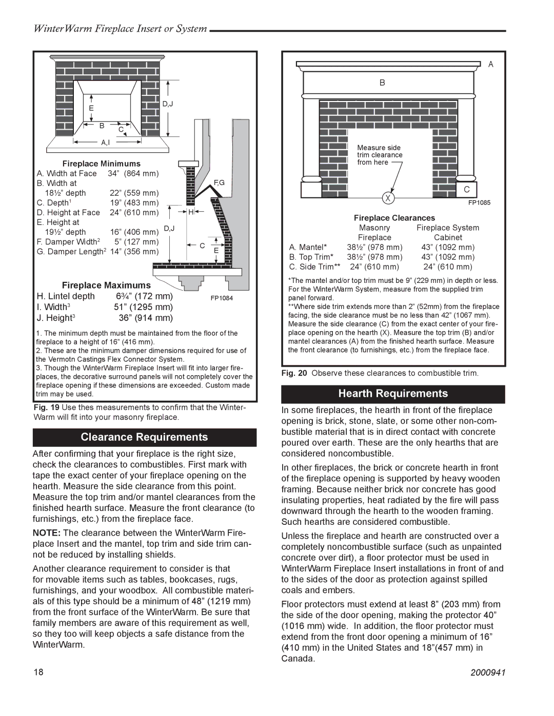 Vermont Casting 2100 installation instructions Clearance Requirements, Hearth Requirements, Fireplace Maximums 