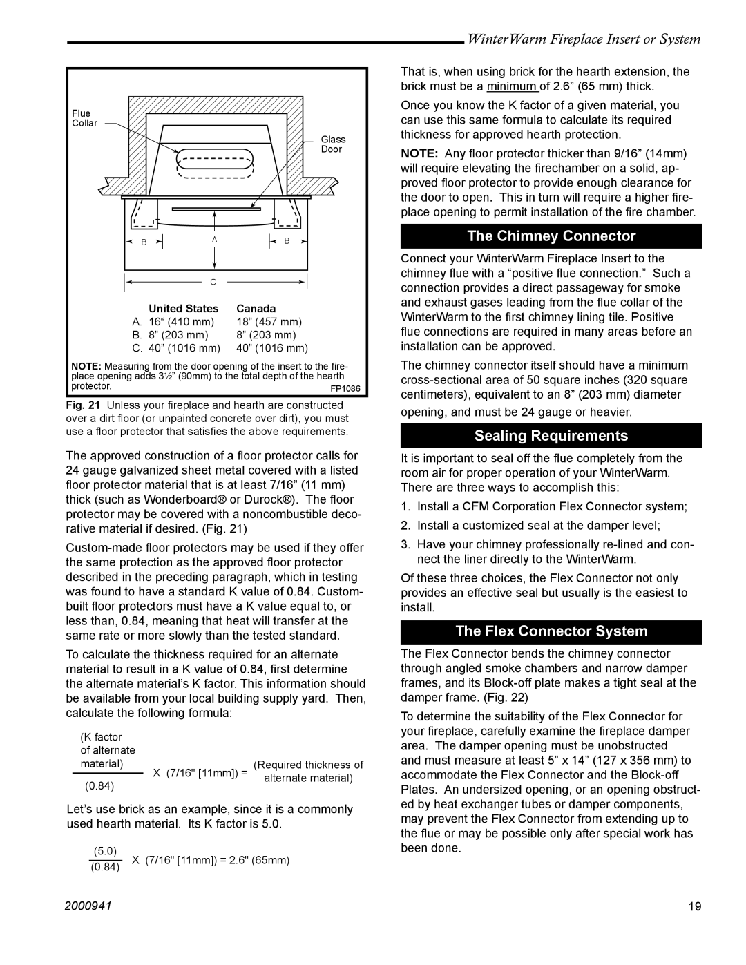 Vermont Casting 2100 installation instructions Chimney Connector, Sealing Requirements, Flex Connector System 