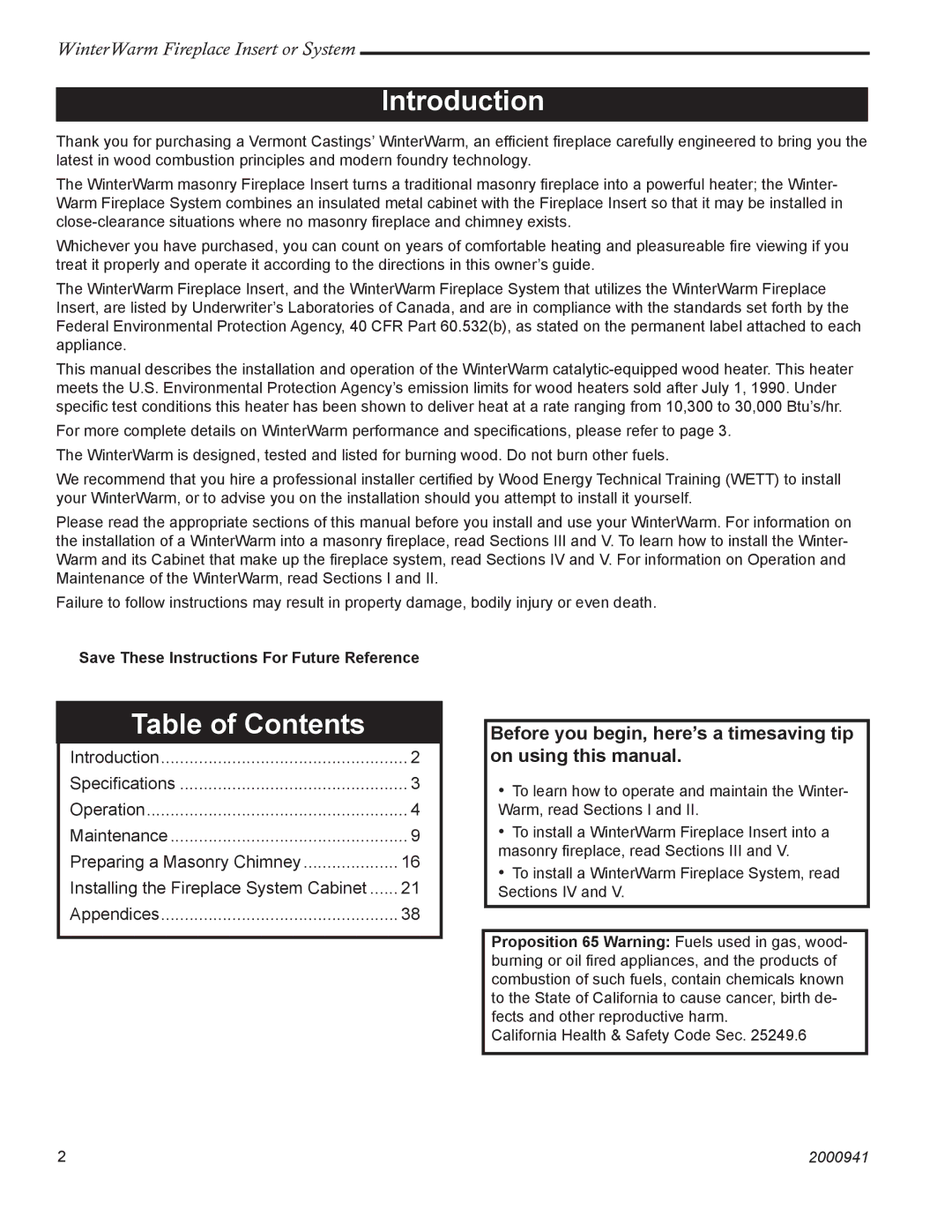 Vermont Casting 2100 installation instructions Introduction, Table of Contents 