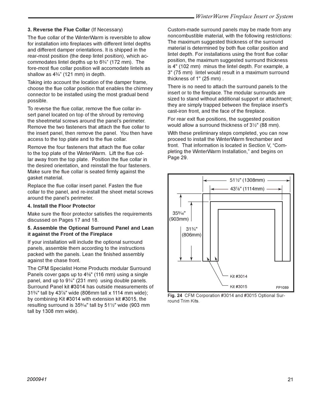 Vermont Casting 2100 installation instructions Reverse the Flue Collar If Necessary, Install the Floor Protector 