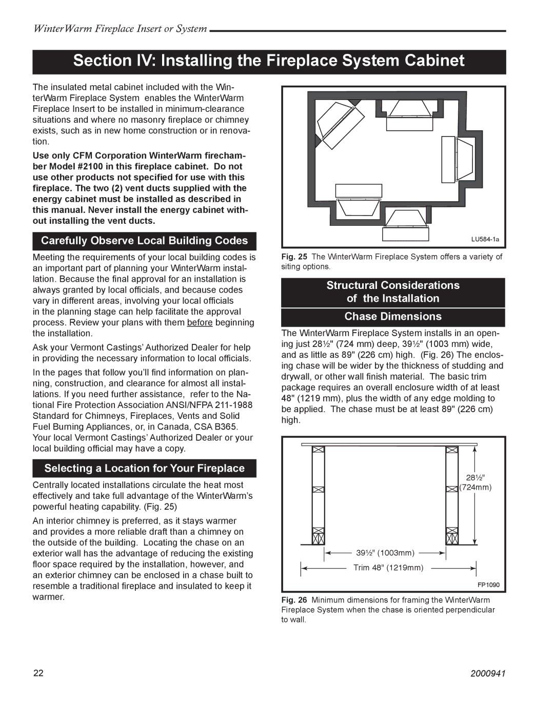 Vermont Casting 2100 Section IV Installing the Fireplace System Cabinet, Carefully Observe Local Building Codes 