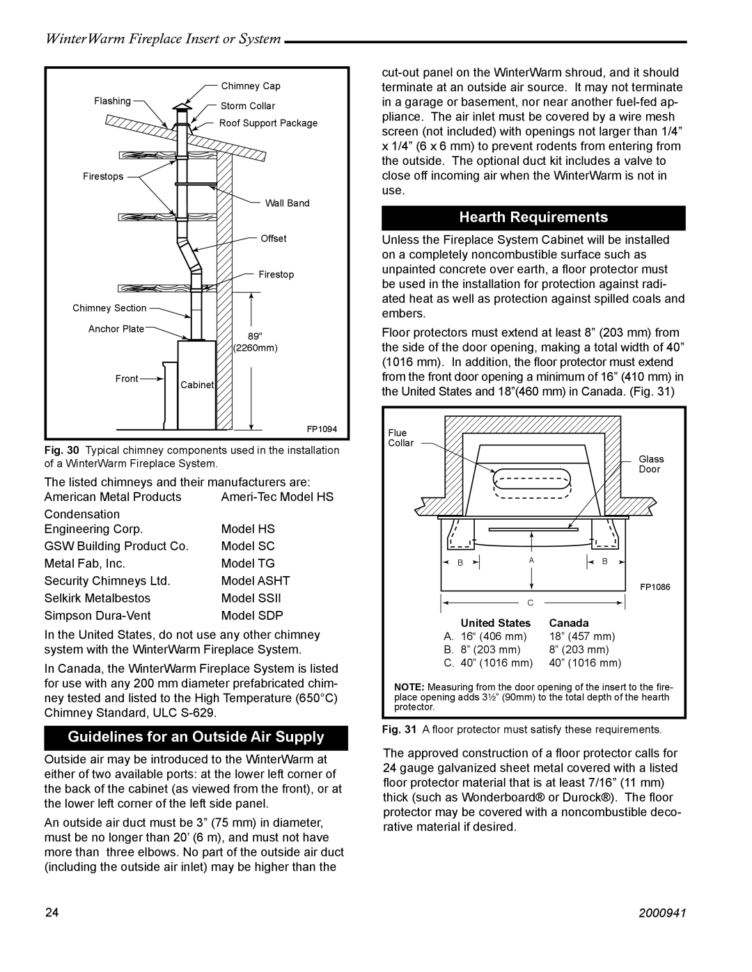 Vermont Casting 2100 Guidelines for an Outside Air Supply, ﬂoor protector must satisfy these requirements 