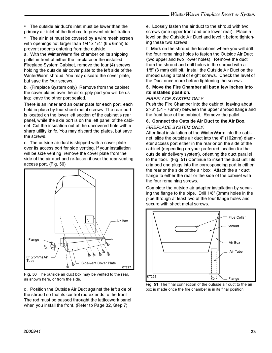 Vermont Casting 2100 installation instructions Fireplace System only, Connect the Outside Air Duct to the Air Box 