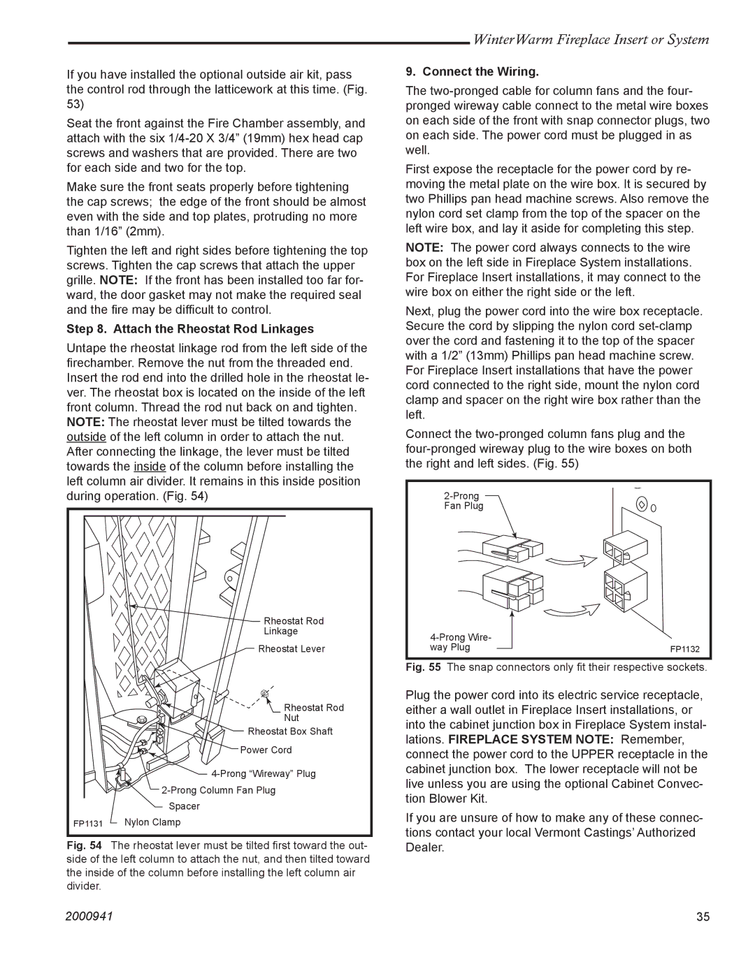 Vermont Casting 2100 installation instructions Attach the Rheostat Rod Linkages, Connect the Wiring 