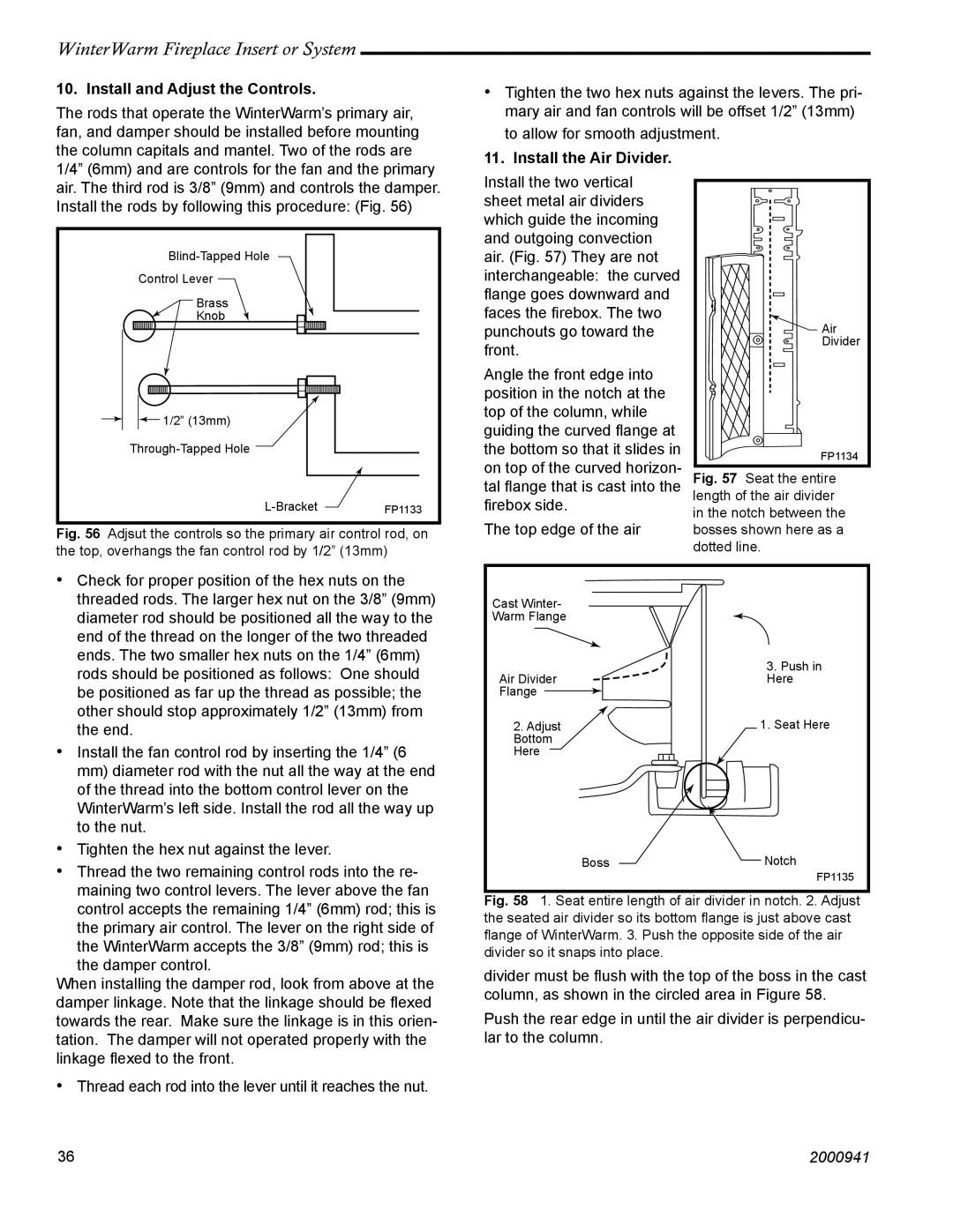 Vermont Casting 2100 installation instructions Install and Adjust the Controls, Install the Air Divider 