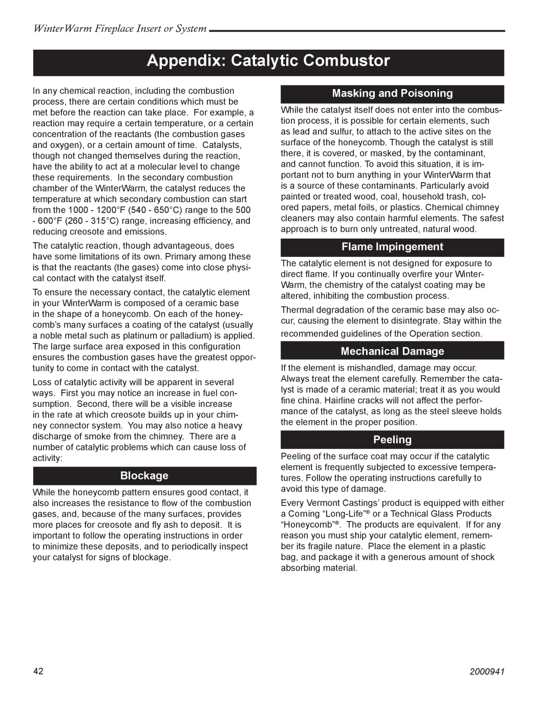 Vermont Casting 2100 installation instructions Appendix Catalytic Combustor 