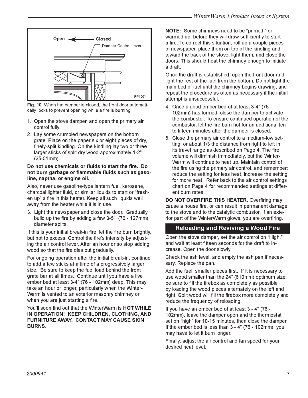 Vermont Casting 2100 installation instructions Reloading and Reviving a Wood Fire 