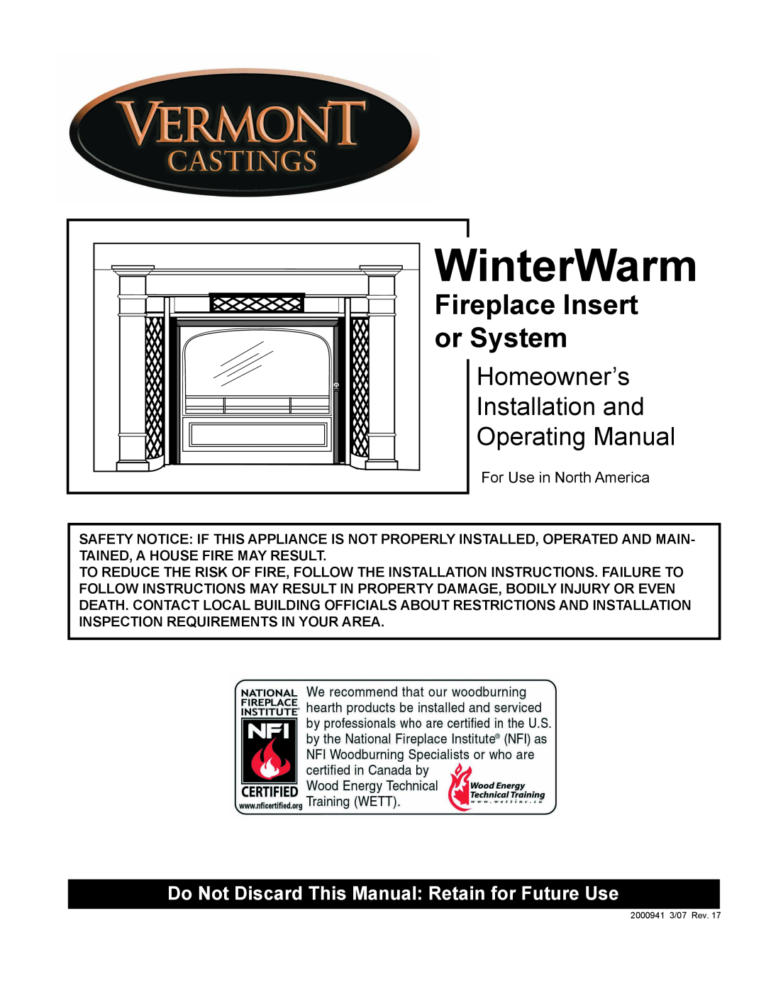 Vermont Casting 2100 installation instructions WinterWarm, Fireplace Insert, or System, Homeowner’s, Installation and 