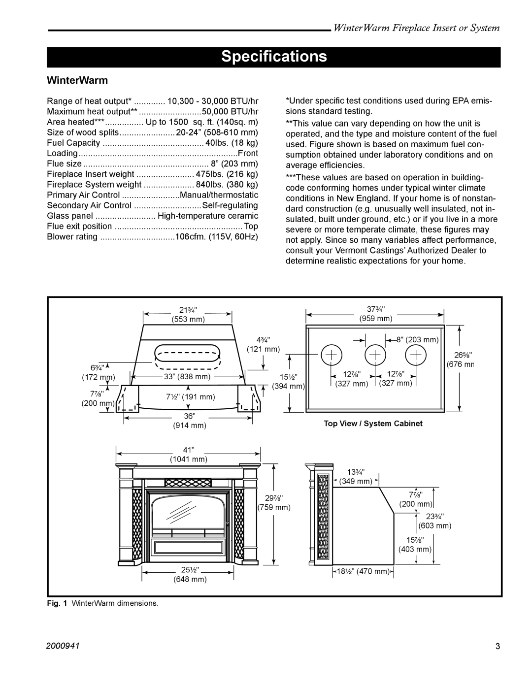 Vermont Casting 2100 installation instructions Speciﬁcations, WinterWarm Fireplace Insert or System, 2000941 