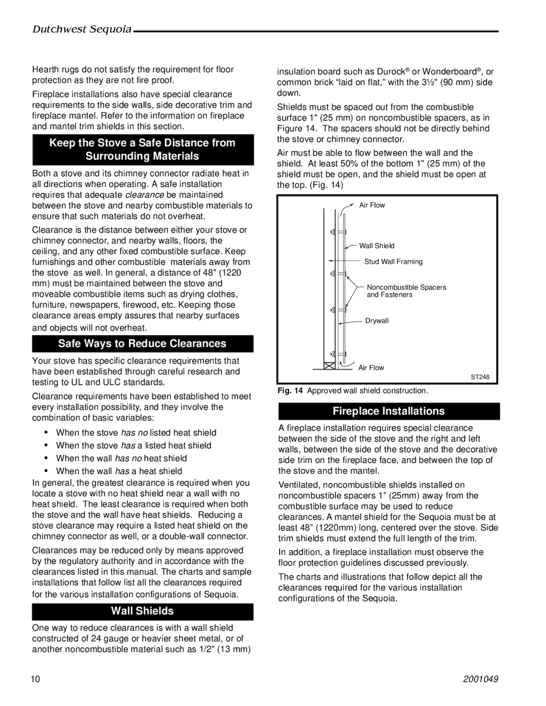 Vermont Casting 2160 manual Keep the Stove a Safe Distance from Surrounding Materials, Safe Ways to Reduce Clearances 