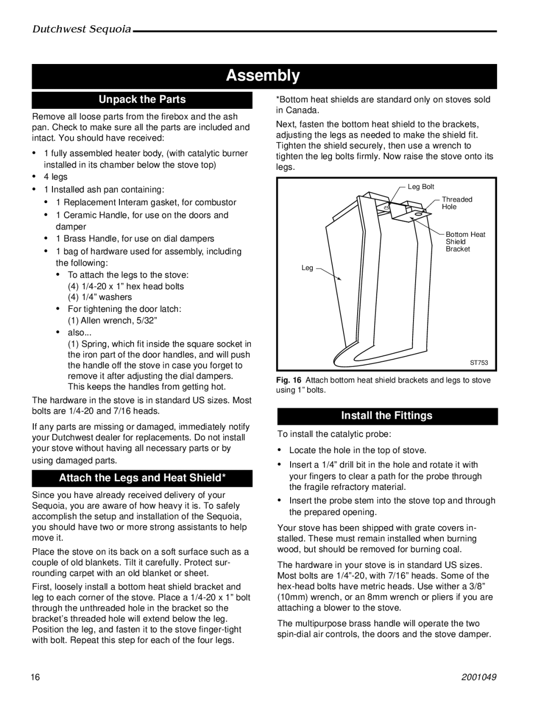 Vermont Casting 2160 manual Assembly, Unpack the Parts, Attach the Legs and Heat Shield, Install the Fittings 