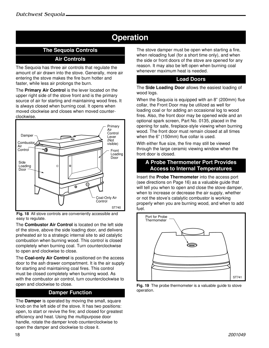 Vermont Casting 2160 manual Operation, Sequoia Controls Air Controls, Load Doors, Damper Function 