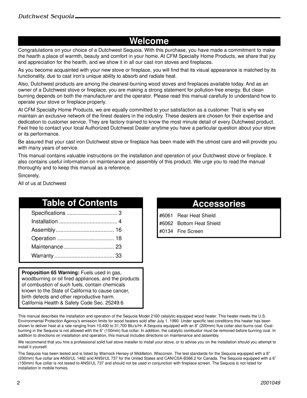 Vermont Casting 2160 manual Welcome, Table of Contents, Accessories 