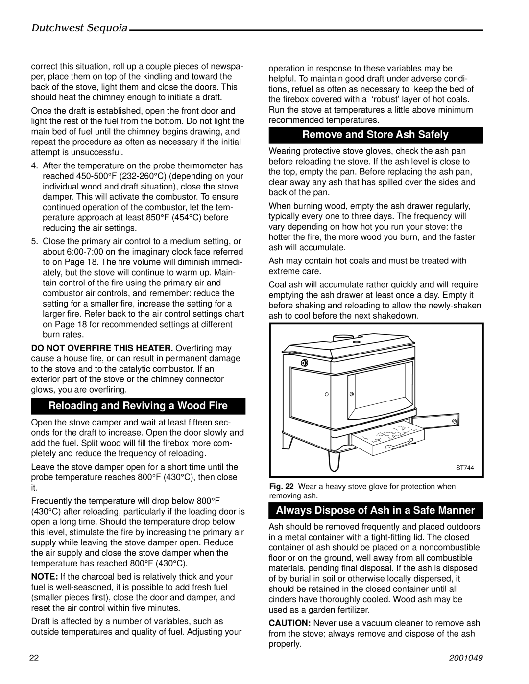 Vermont Casting 2160 manual Reloading and Reviving a Wood Fire, Remove and Store Ash Safely 