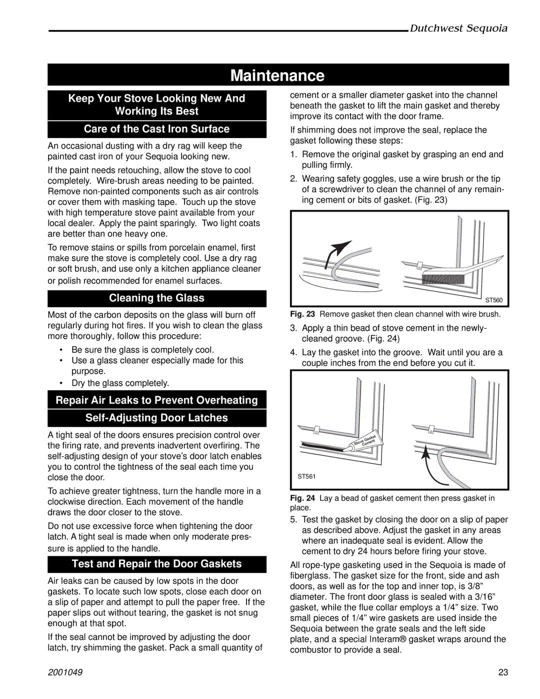 Vermont Casting 2160 manual Maintenance, Cleaning the Glass, Test and Repair the Door Gaskets 