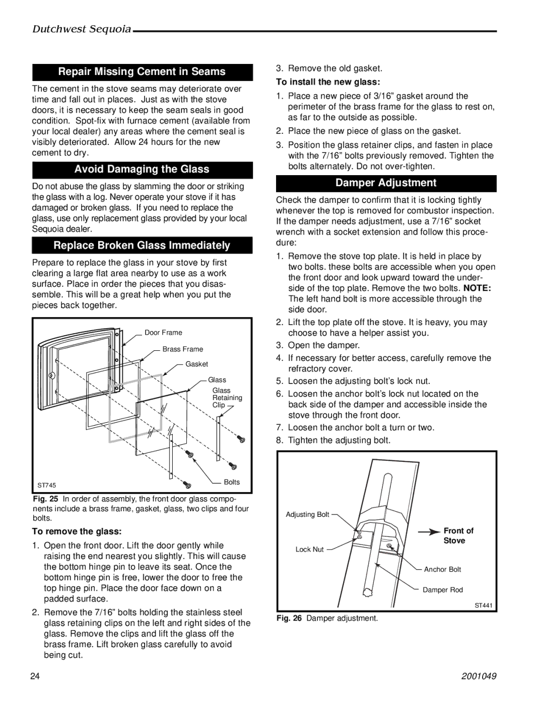 Vermont Casting 2160 manual Repair Missing Cement in Seams, Avoid Damaging the Glass, Replace Broken Glass Immediately 