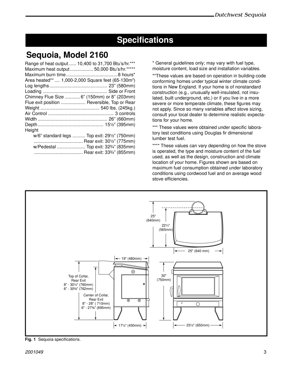 Vermont Casting 2160 manual Specifications, Sequoia, Model 